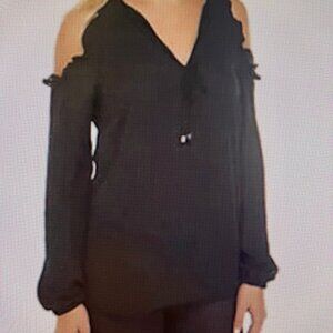 NEW MICHAEL KORS sz L BLACK COLD SHOULDER RUFFLE TRIM LS TUNIC